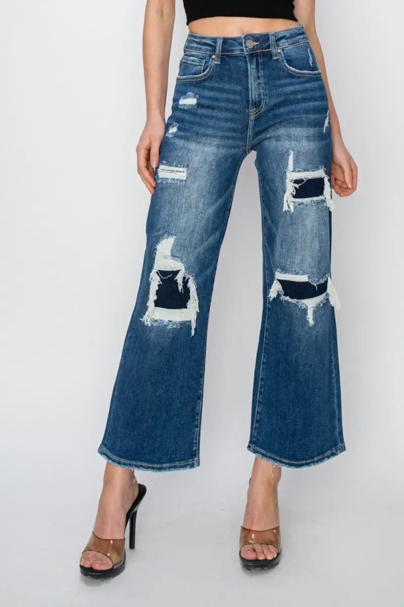 Risen Full Size High Rise Patch Detailed Wide Leg Crop Jeans - Love Salve